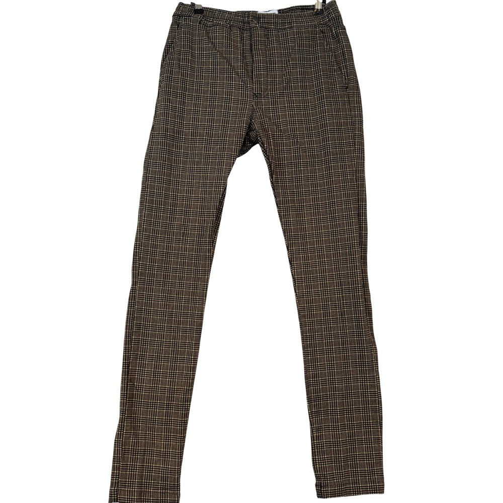 Urban Outfitters Brown Plaid Skinny Trousers Elastic Waist Drawstring •M• Preppy